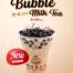 New Bubble Milk Tea poster from Hong Kong Egglet featuring a clear cup filled with creamy milk tea and a heaping serving of black tapioca pearls, priced at $3.90. The cup is adorned with the Hong Kong Egglet logo and a 'New' label to highlight the latest addition to their menu. The background is a warm beige, with the website address for easy online ordering.